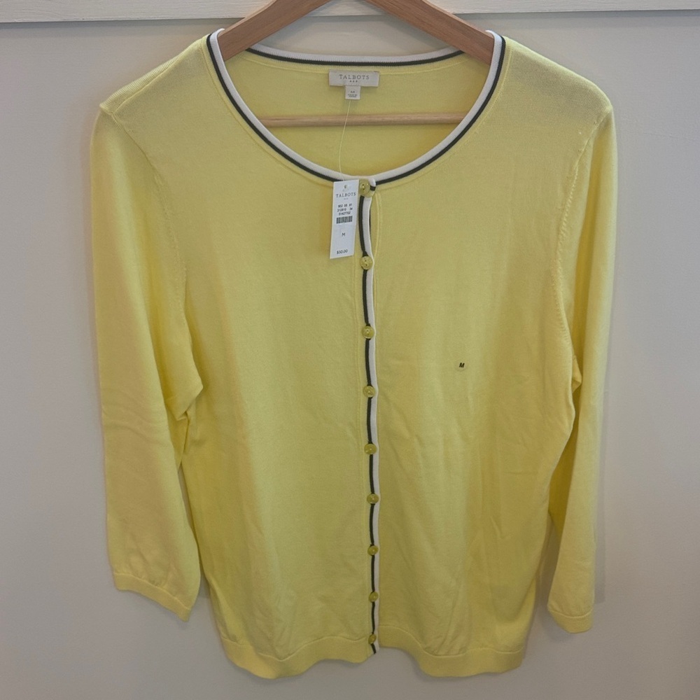 Talbots NWT Women’s Tipped Charming Yellow Cardigan  Black White Trim Size M